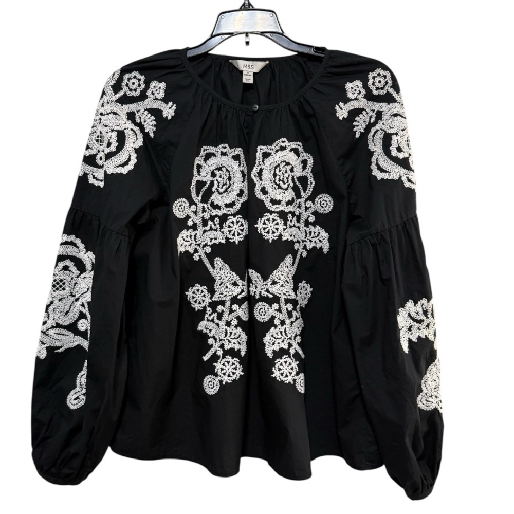 Marks & Spencer Black Floral Embroidered Puff Sleeve Blouse Size 10